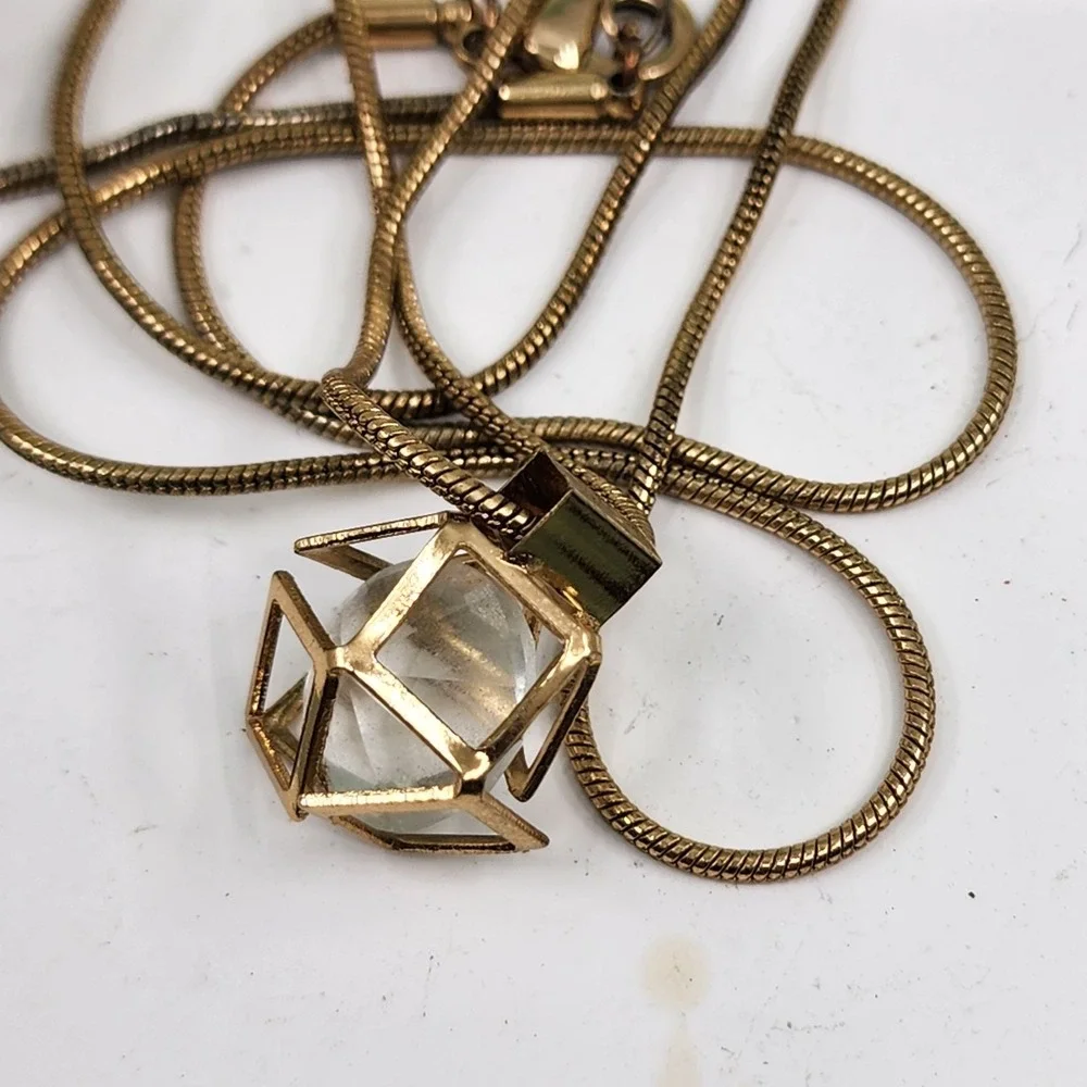 Gold Tone Layered Necklace Set 2 Clear Faceted Geometric Cage Pendants Gift